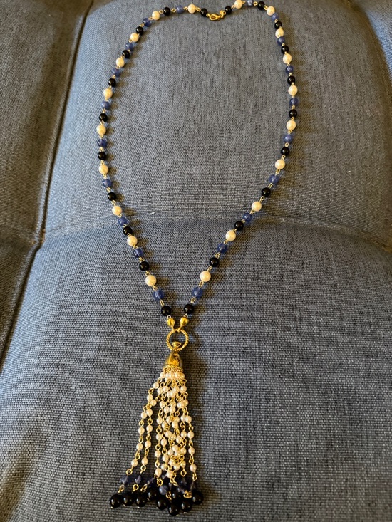 Monet Rare Long Tassel GoldTone Necklace w/Black & Blue Beads plus  Faux Pearls. - Picture 5 of 6
